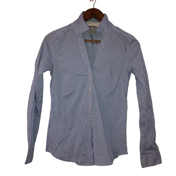 H&M Blue Stripe Shirt Top Classic Button Up Long Sleeve Work Dressy Casual 4 - Picture 1 of 8